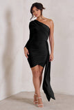 Claudina Black Asymmetric Long Sleeve Wrap Mini Dress With Statement Drape