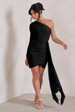 Claudina Black Asymmetric Long Sleeve Wrap Mini Dress With Statement Drape