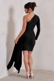 Claudina Black Asymmetric Long Sleeve Wrap Mini Dress With Statement Drape