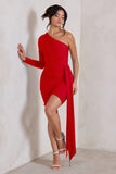 Claudina Red Asymmetric Long Sleeve Wrap Mini Dress With Statement Drape