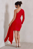 Claudina Red Asymmetric Long Sleeve Wrap Mini Dress With Statement Drape