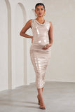 Mabel Gold Metallic Cowl-Neck Ruched Maternity Midi Dress