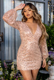 Bling Petite Rose Gold Sequin Wrap Front Mini With Blouson Sleeves