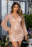 Bling Petite Rose Gold Sequin Wrap Front Mini With Blouson Sleeves