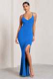 Love Shy Blue Plunge Neck Maxi Dress With Split Detail