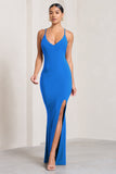 Love Shy Blue Plunge Neck Maxi Dress With Split Detail