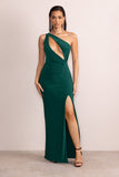 Until Dawn Bottle Green One Shoulder Ruched Front Cut Out Maxi Dress