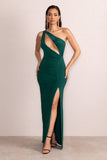 Until Dawn Bottle Green One Shoulder Ruched Front Cut Out Maxi Dress