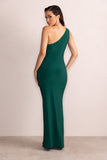 Until Dawn Bottle Green One Shoulder Ruched Front Cut Out Maxi Dress