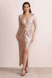 Your Sign Champagne Plunge Neck Wrap Front Long Sleeve Maxi Dress