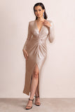 Your Sign Champagne Plunge Neck Wrap Front Long Sleeve Maxi Dress