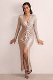 Your Sign Champagne Plunge Neck Wrap Front Long Sleeve Maxi Dress