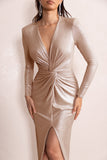 Your Sign Champagne Plunge Neck Wrap Front Long Sleeve Maxi Dress