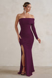 Meghan Burgundy Bardot Neck Thigh Split Fishtail Maxi Dress