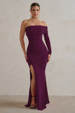 Meghan Burgundy Bardot Neck Thigh Split Fishtail Maxi Dress