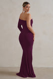 Meghan Burgundy Bardot Neck Thigh Split Fishtail Maxi Dress