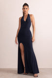 Dania Dark Navy Plunge Neck Halter Low Back Maxi Dress With Diamante Trim