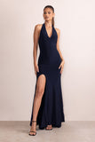 Dania Dark Navy Plunge Neck Halter Low Back Maxi Dress With Diamante Trim