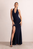 Dania Dark Navy Plunge Neck Halter Low Back Maxi Dress With Diamante Trim