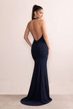 Dania Dark Navy Plunge Neck Halter Low Back Maxi Dress With Diamante Trim