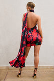 Nasira Black Floral Asymmetric Neck Open Back Mini Dress With Scarf Detail