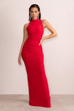 Liori Red Halter Neck Maxi Dress With Ruching Detail