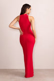 Liori Red Halter Neck Maxi Dress With Ruching Detail