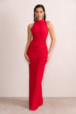 Liori Red Halter Neck Maxi Dress With Ruching Detail