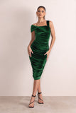 Daniela Bottle Green Velvet One Shoulder Ruched Midi Dress