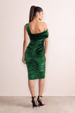 Daniela Bottle Green Velvet One Shoulder Ruched Midi Dress