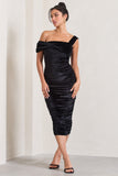 Daniela Black Velvet One Shoulder Ruched Midi Dress