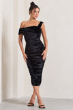 Daniela Black Velvet One Shoulder Ruched Midi Dress