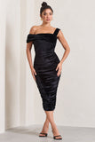 Daniela Black Velvet One Shoulder Ruched Midi Dress