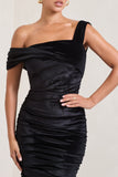 Daniela Black Velvet One Shoulder Ruched Midi Dress