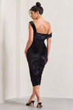 Daniela Black Velvet One Shoulder Ruched Midi Dress