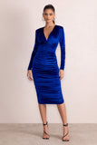 Antonella Royal Blue Velvet Plunge Neck Ruched Midi Dress With Long Sleeves