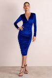 Antonella Royal Blue Velvet Plunge Neck Ruched Midi Dress With Long Sleeves