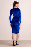 Antonella Royal Blue Velvet Plunge Neck Ruched Midi Dress With Long Sleeves