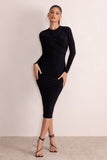 Anna Black High Neck Twist Front Bodycon Midi Dress With Long Sleeves