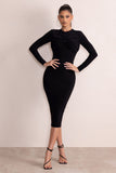 Anna Black High Neck Twist Front Bodycon Midi Dress With Long Sleeves