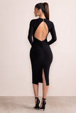 Anna Black High Neck Twist Front Bodycon Midi Dress With Long Sleeves