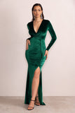 Elivia Bottle Green Velvet Long Sleeve Plunge Neck Maxi Dress