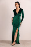 Elivia Bottle Green Velvet Long Sleeve Plunge Neck Maxi Dress