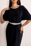 Polly Black High Neck Maxi Dress with Waist Detailing and Cape Sleeves