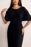 Polly Black High Neck Maxi Dress with Waist Detailing and Cape Sleeves