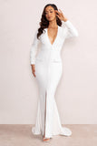 Reba White Plunge Long Sleeve Structured Maxi Dress with Front Split