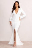 Reba White Plunge Long Sleeve Structured Maxi Dress with Front Split