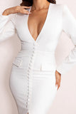 Reba White Plunge Long Sleeve Structured Maxi Dress with Front Split