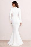 Reba White Plunge Long Sleeve Structured Maxi Dress with Front Split