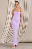 Flute Lilac Bodycon Maxi Dress With Ruched Ruffled Back